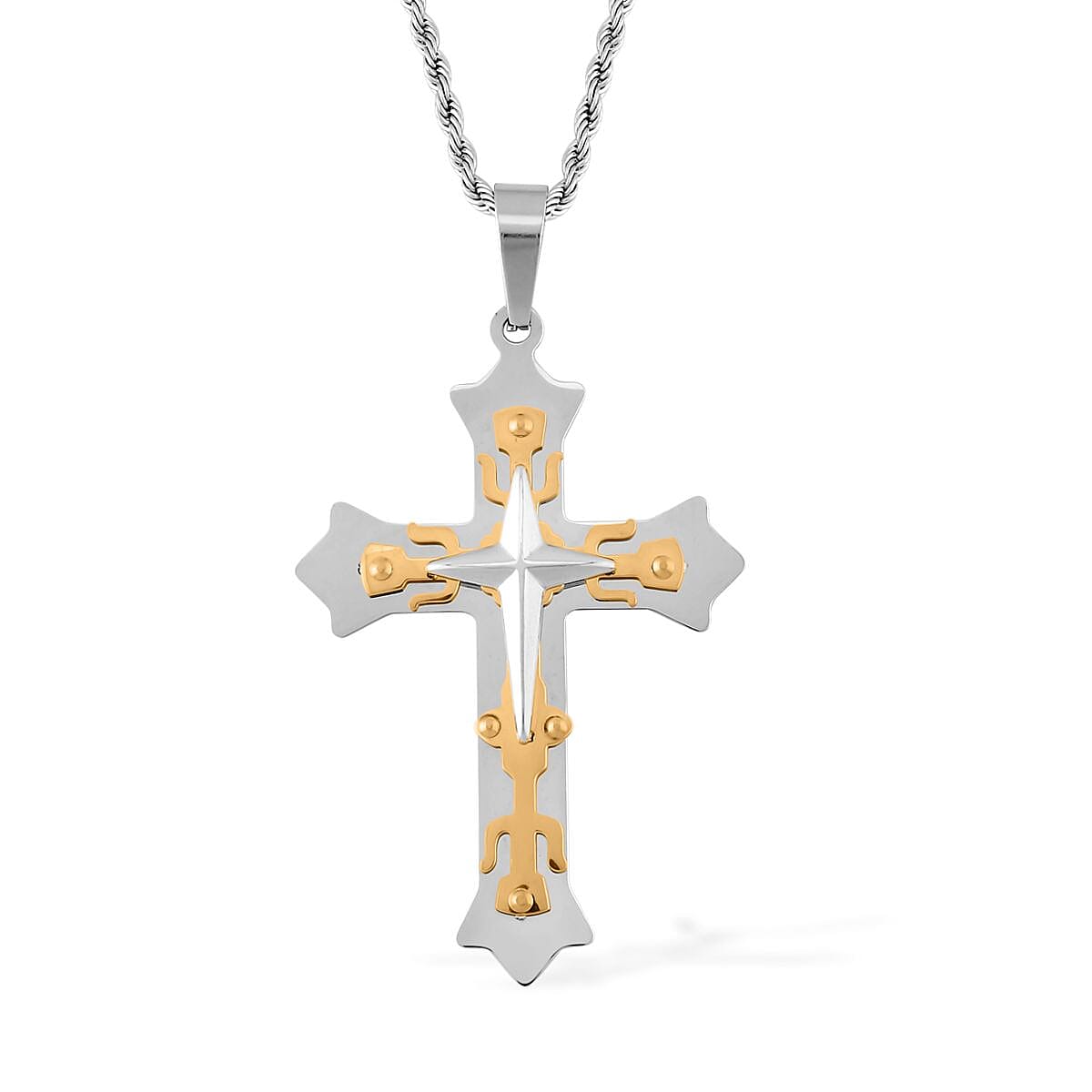 Men's Cross Pendant Necklace (24 Inches) in ION Plated YG and Stainless Steel , Tarnish-Free, Waterproof, Sweat Proof Jewelry