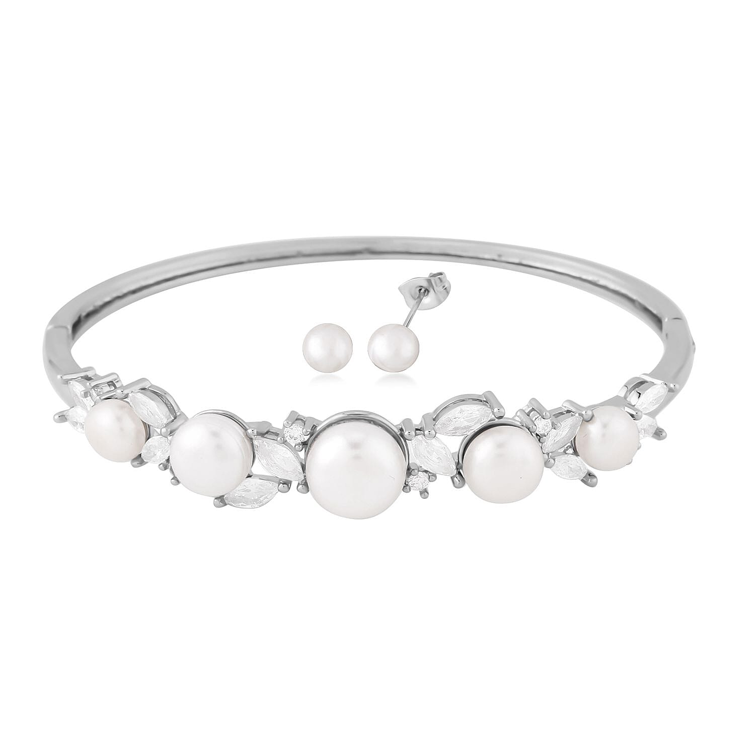 White Freshwater Pearl Bangle Bracelet (7 in) and Earrings in Silvertone & Stainless Steel 2.00 ctw