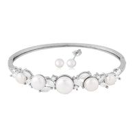 White Freshwater Pearl Bangle Bracelet (7 in) and Earrings in Silvertone & Stainless Steel 2.00 ctw