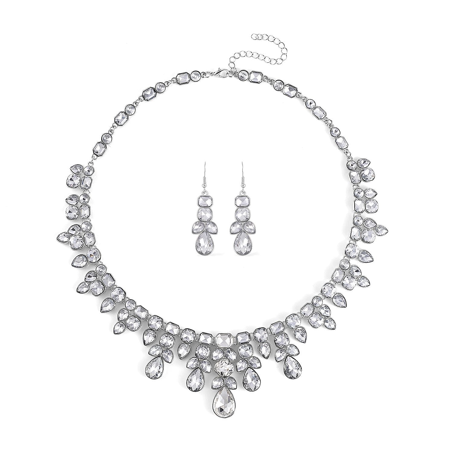 TLV Austrian Crystal Necklace (20-23 Inches) and Dangle Earrings in Silvertone