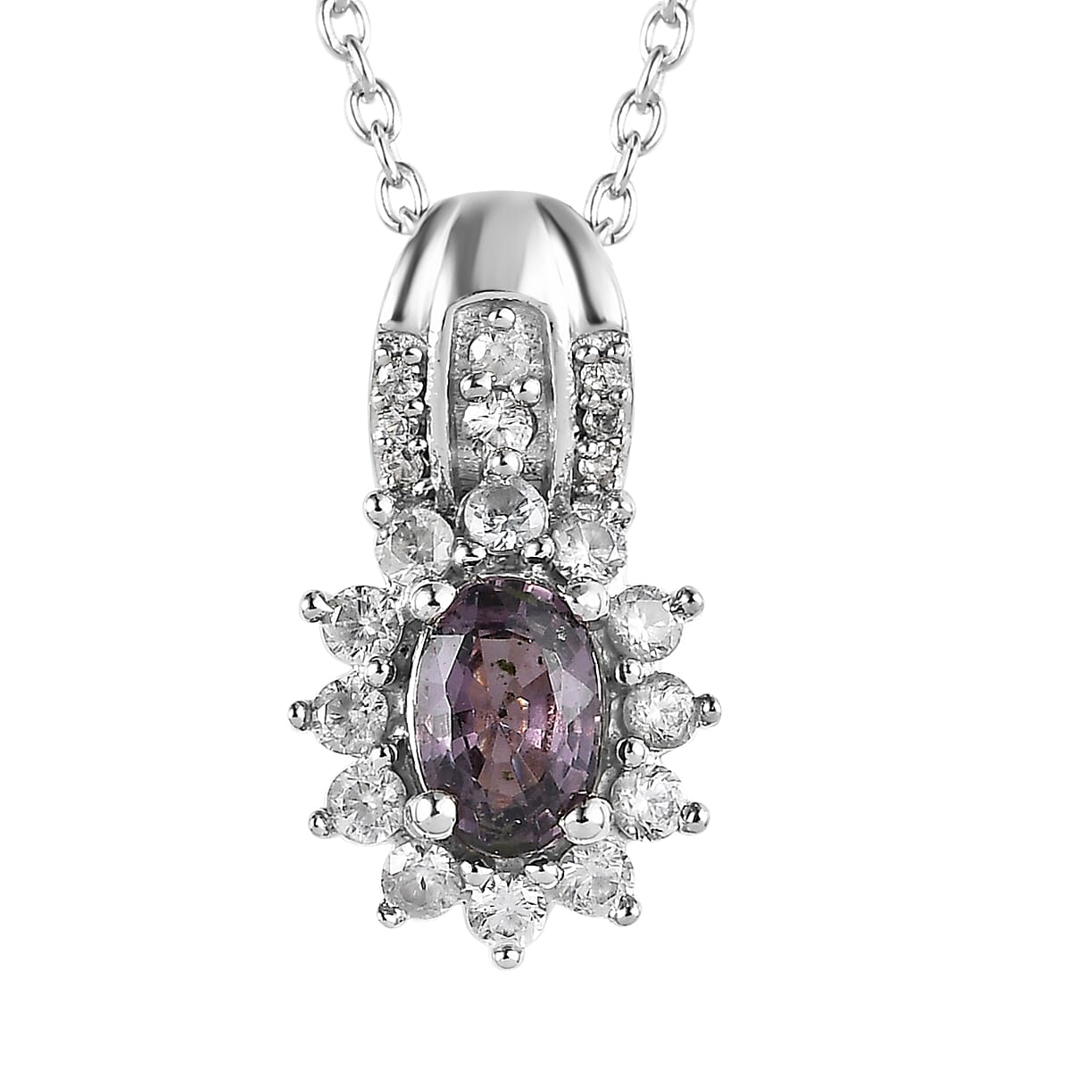 Tanzanian Lavender Spinel and White Zircon Sunburst Pendant Necklace 20 Inches in Platinum Over Sterling Silver 1.00 ctw