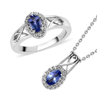 Tanzanite and White Zircon Ring and Pendant Necklace 20 Inches in Platinum Over Sterling Silver 1.15 ctw