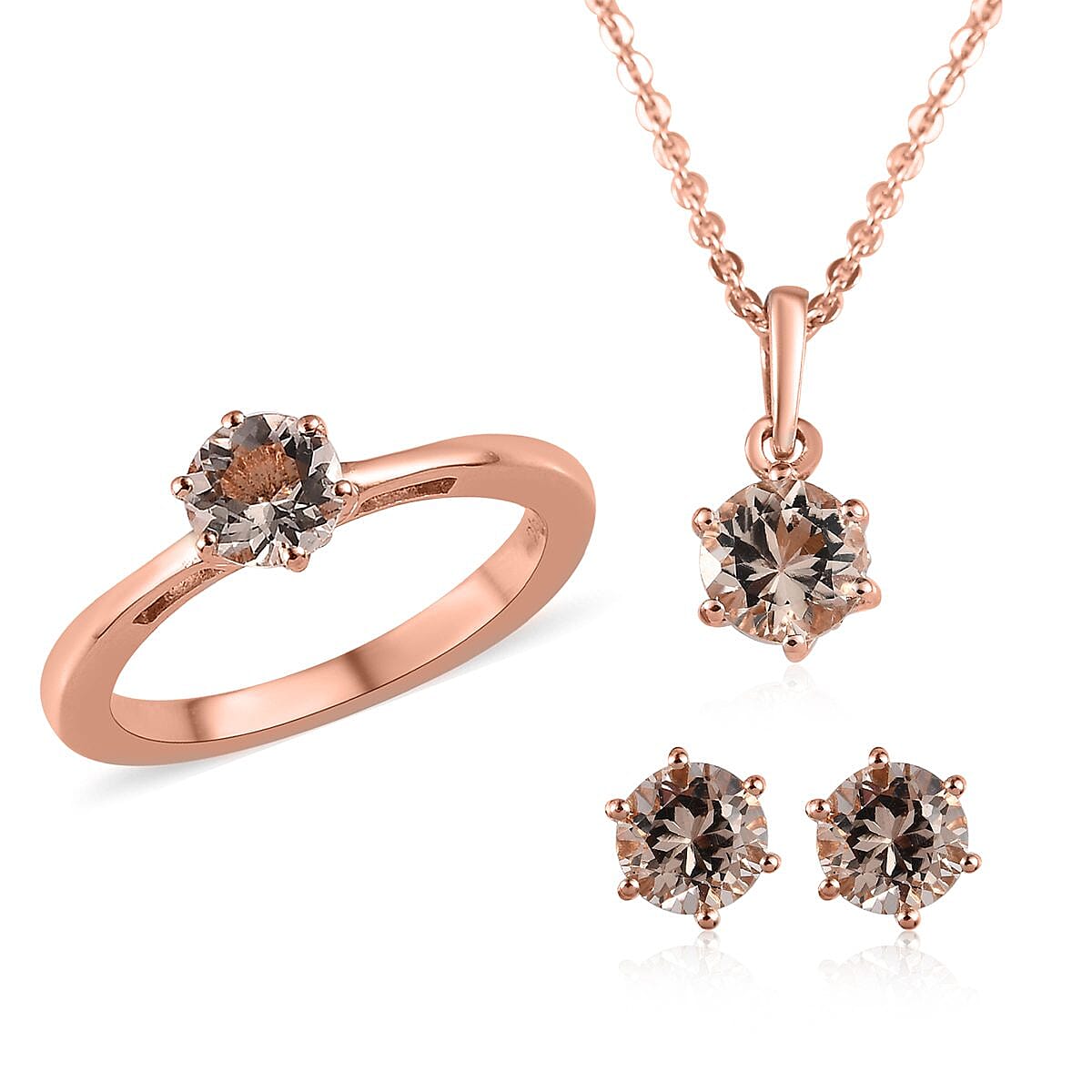 Marropino Morganite Solitaire Ring , Stud Earrings and Pendant Necklace 20 Inches in Vermeil Rose Gold Over Sterling Silver 2.00 ctw