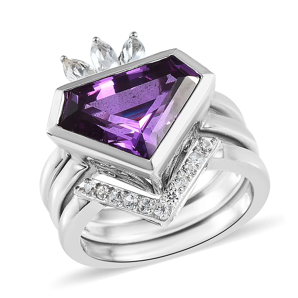 Lab Grown Color Change Sapphire and White Zircon Set of 3 Stackable Ring in Platinum Over Sterling Silver 7.25 ctw