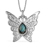 Malagasy Labradorite 6.25 ctw Butterfly Pendant Necklace in Platinum Over Copper with Magnet and Stainless Steel 20 Inches, Tarnish-Free, Waterproof, Sweat Proof Jewelry