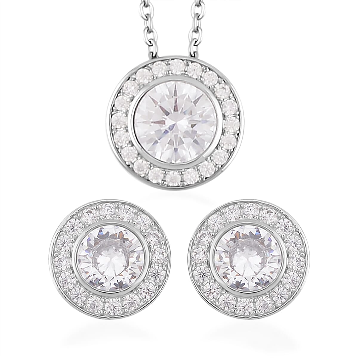 Simulated White Diamond Halo Pendant Necklace 20 Inches and Stud Earrings in Silvertone 6.90 ctw
