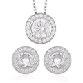 Simulated White Diamond Halo Pendant Necklace 20 Inches and Stud Earrings in Silvertone 6.90 ctw - Sticky add to cart bar