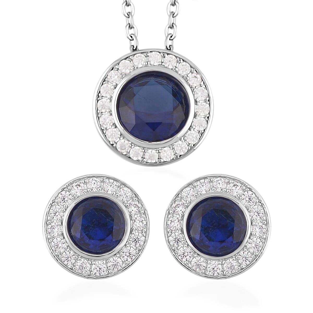 Simulated White Diamond Halo Pendant Necklace 20 Inches and Stud Earrings in Silvertone 6.90 ctw