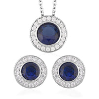 Simulated White Diamond Halo Pendant Necklace 20 Inches and Stud Earrings in Silvertone 6.90 ctw