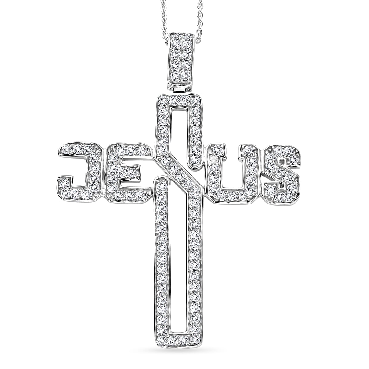 Moissanite Jesus Men's Pendant Necklace 24 Inches in Platinum Over Sterling Silver 1.60 ctw