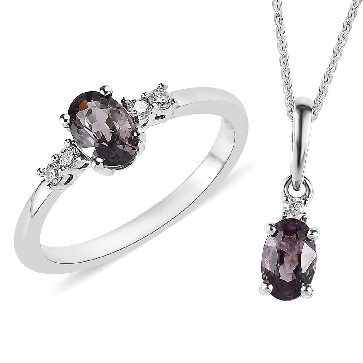 Tanzanian Lavender Spinel and Moissanite Ring and Pendant Necklace 20 Inches in Platinum Over Sterling Silver 1.25 ctw