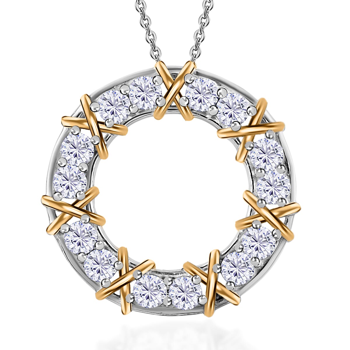 Moissanite Circle Pendant Necklace 20 Inches in Vermeil YG and Platinum Over Sterling Silver 1.40 ctw