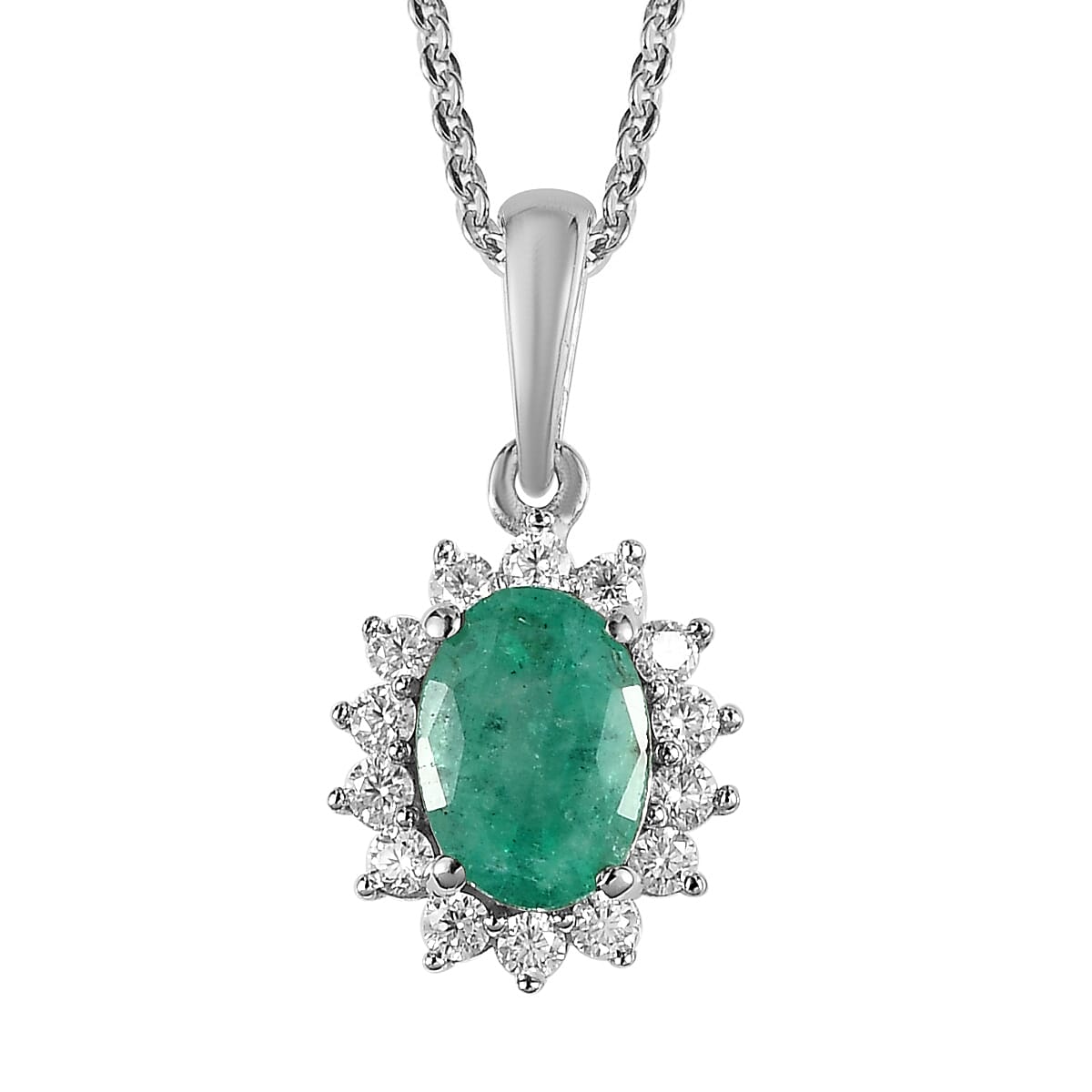 AAA Kagem Zambian Emerald and Moissanite Sunburst Pendant Necklace 20 Inches in Platinum Over Sterling Silver 1.00 ctw