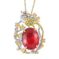 Simulated Ruby and Simulated Green Diamond Pendant in Dualtone with Stainless Steel Necklace 20 Inches