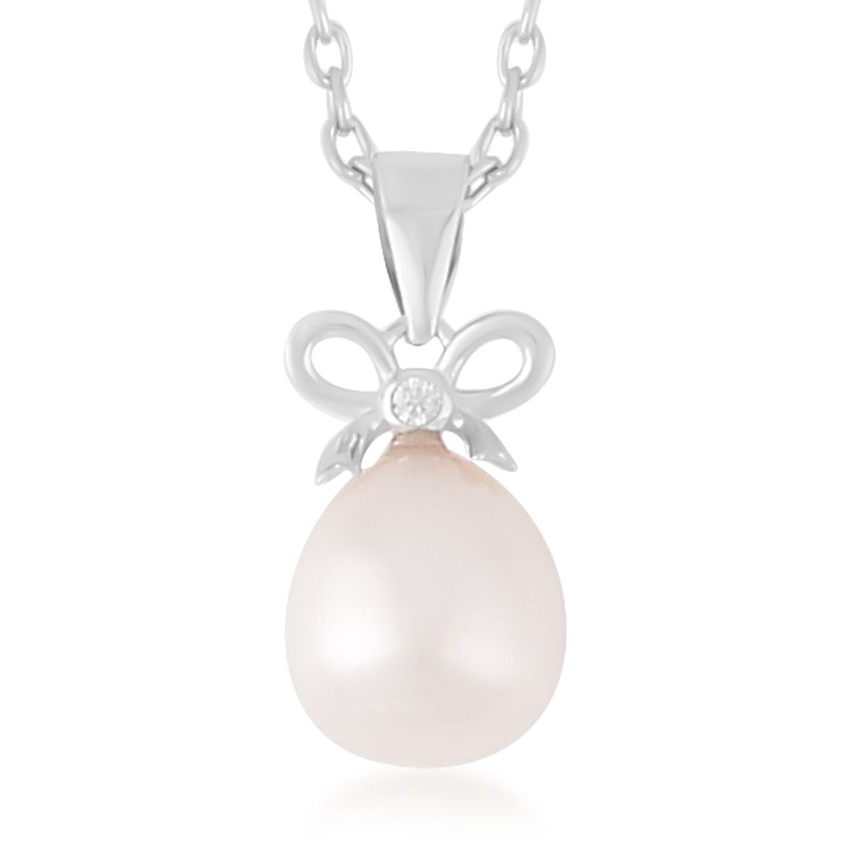 Freshwater Cultured Pearl and Simulated Diamond Pendant in Rhodium Over Sterling Silver with Stainless Steel Necklace 20 Inches