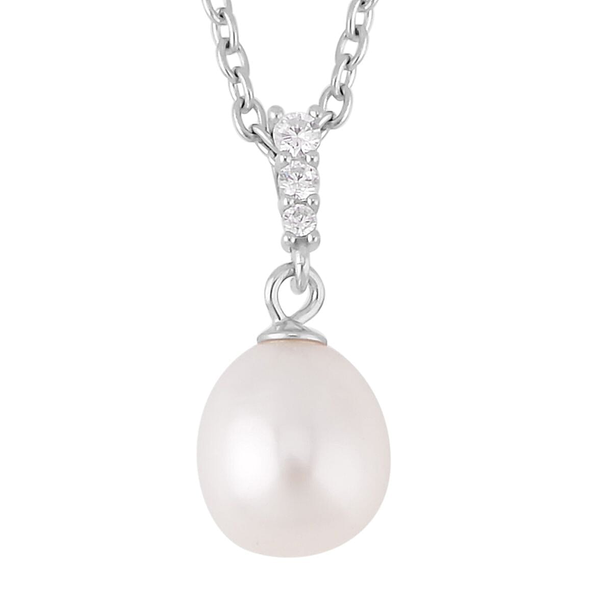 Freshwater Cultured Pearl and Simulated Diamond Pendant Necklace 20 Inches in Rhodium Over Sterling Silver & Stainless Steel 0.11 ctw