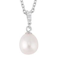 Freshwater Cultured Pearl and Simulated Diamond Pendant Necklace 20 Inches in Rhodium Over Sterling Silver & Stainless Steel 0.11 ctw