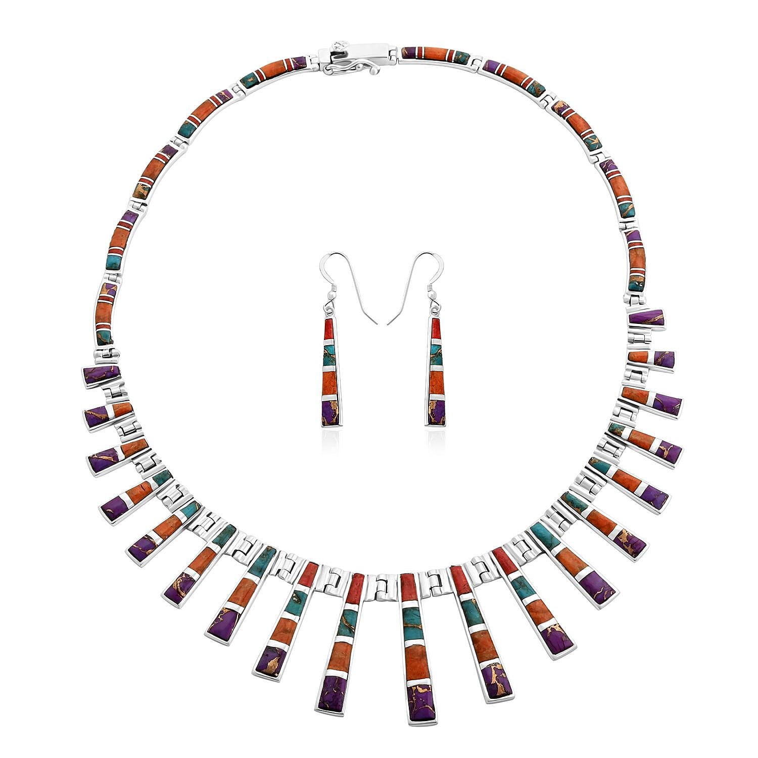 Santa Fe Style Multi Gemstone Tribal Geometry Necklace 18 In and Earrings in Sterling Silver 15.00 ctw