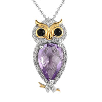 Premium Rose De France Amethyst and Multi Gemstone Owl Pendant Necklace 20 Inches in Vermeil YG and Platinum Over Sterling Silver 3.75 ctw