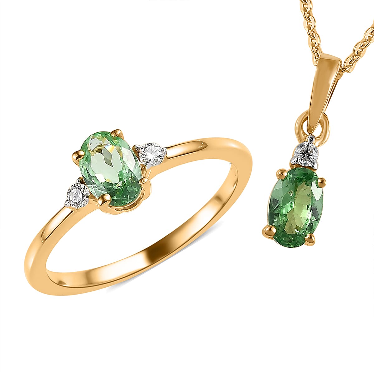 Premium Tsavorite Garnet and Moissanite Ring (Size 5.0) and Pendant Necklace 20 Inches in Vermeil Yellow Gold Over Sterling Silver 1.10 ctw