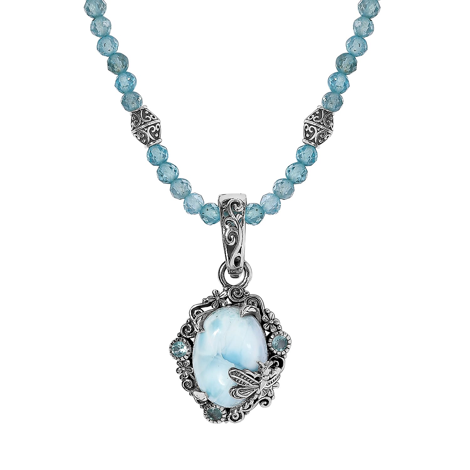 Artisan Crafted Larimar and Madagascar Paraiba Apatite Pendant Necklace 20 Inches in Sterling Silver 81.00 ctw