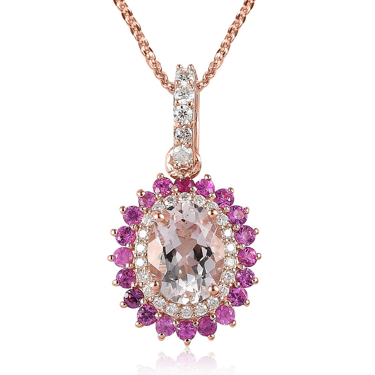 Pink Morganite and Multi Gemstone Sunburst Pendant Necklace 20 Inches in Vermeil Rose Gold Over Sterling Silver 1.65 ctw