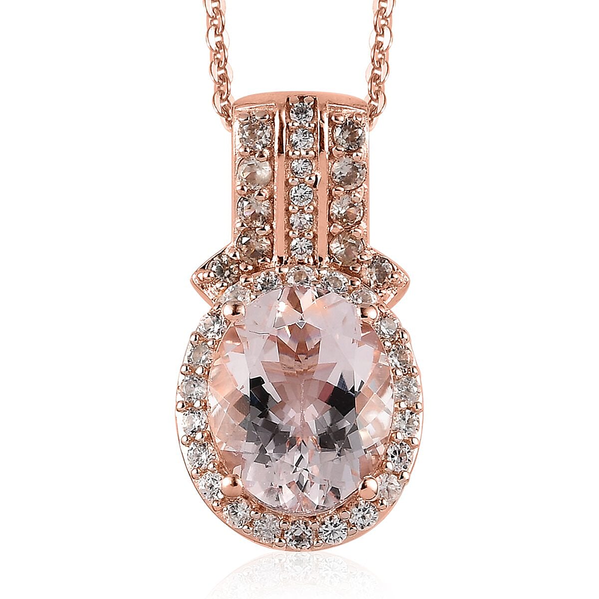 Pink Morganite, Champagne and White Zircon Halo Pendant Necklace 20 Inches in Vermeil Rose Gold Over Sterling Silver 2.85 ctw