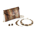 TLV Brown and Black Tiger Print Faux Leather Clutch Bag (25"x18"x2") with Necklace (20-22 Inches), Bracelet (7.25-9.5In) and Earrings in Goldtone - Sticky add to cart bar