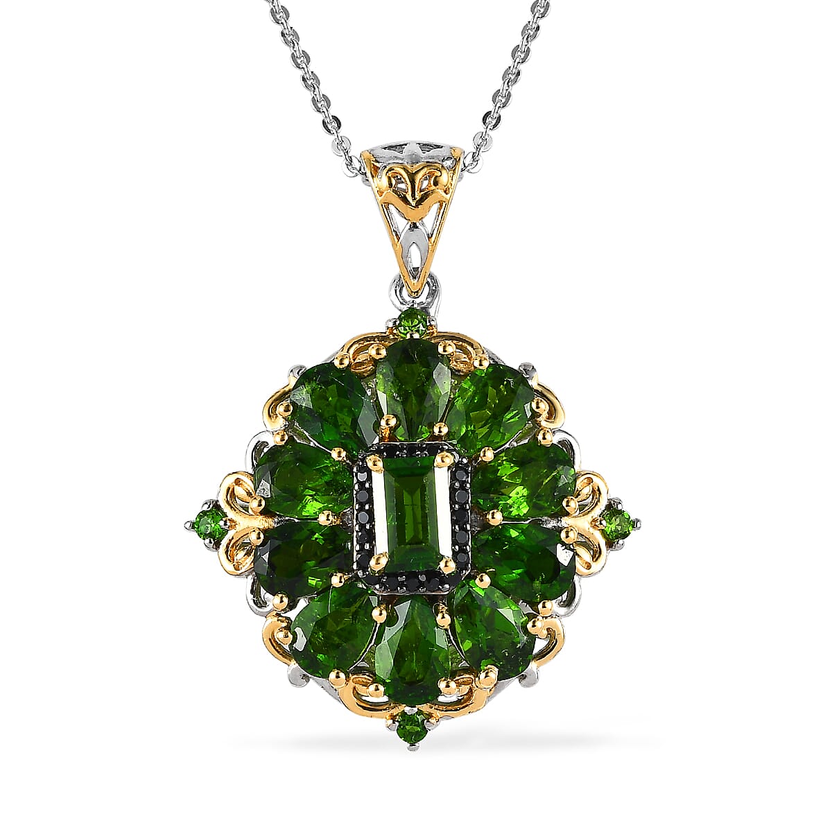 Chrome Diopside and Thai Black Spinel Pendant Necklace 20 Inches in Vermeil Yellow Gold and Platinum Over Sterling Silver 4.35 ctw