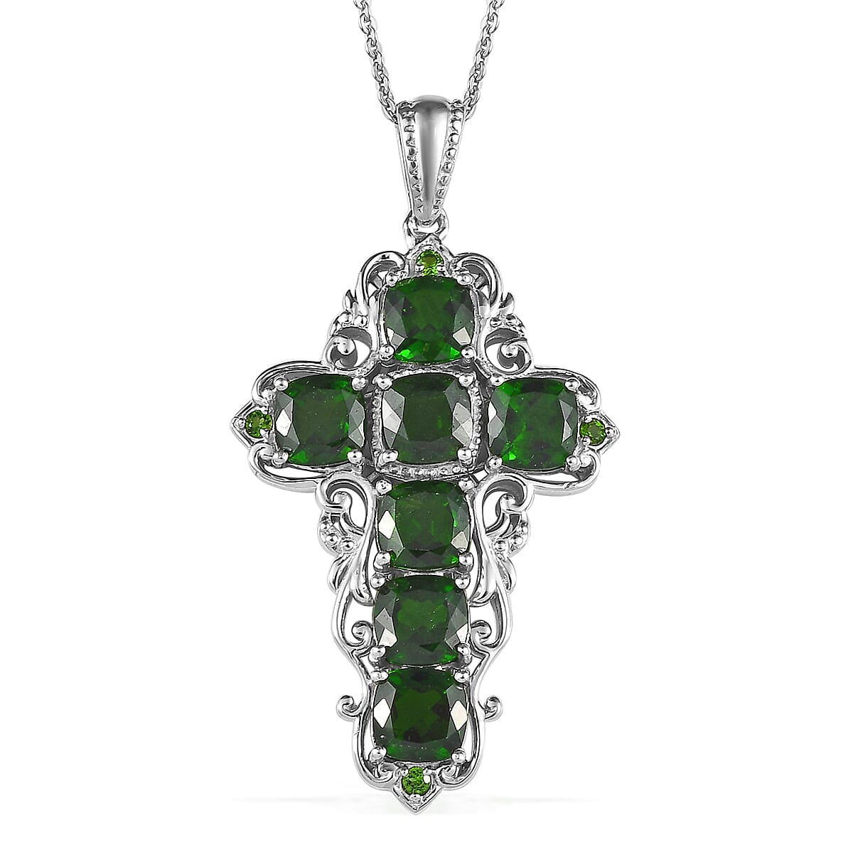 Chrome Diopside Cross Pendant Necklace 20 Inches in Platinum Over Sterling Silver 7.30 ctw