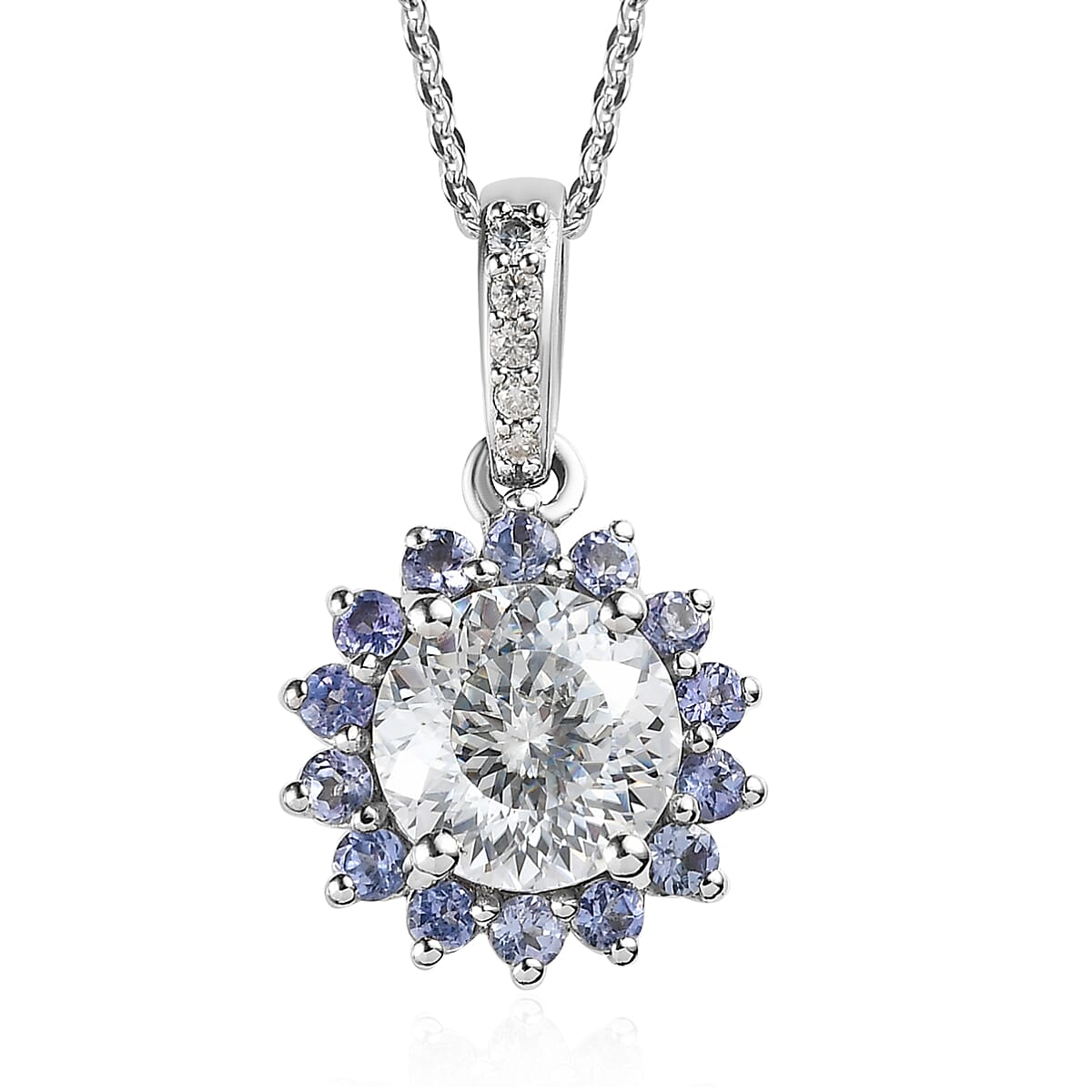 120 Facets Moissanite and Tanzanite Floral Pendant Necklace 20 Inches in 14K YG Over Sterling Silver 2.40 ctw