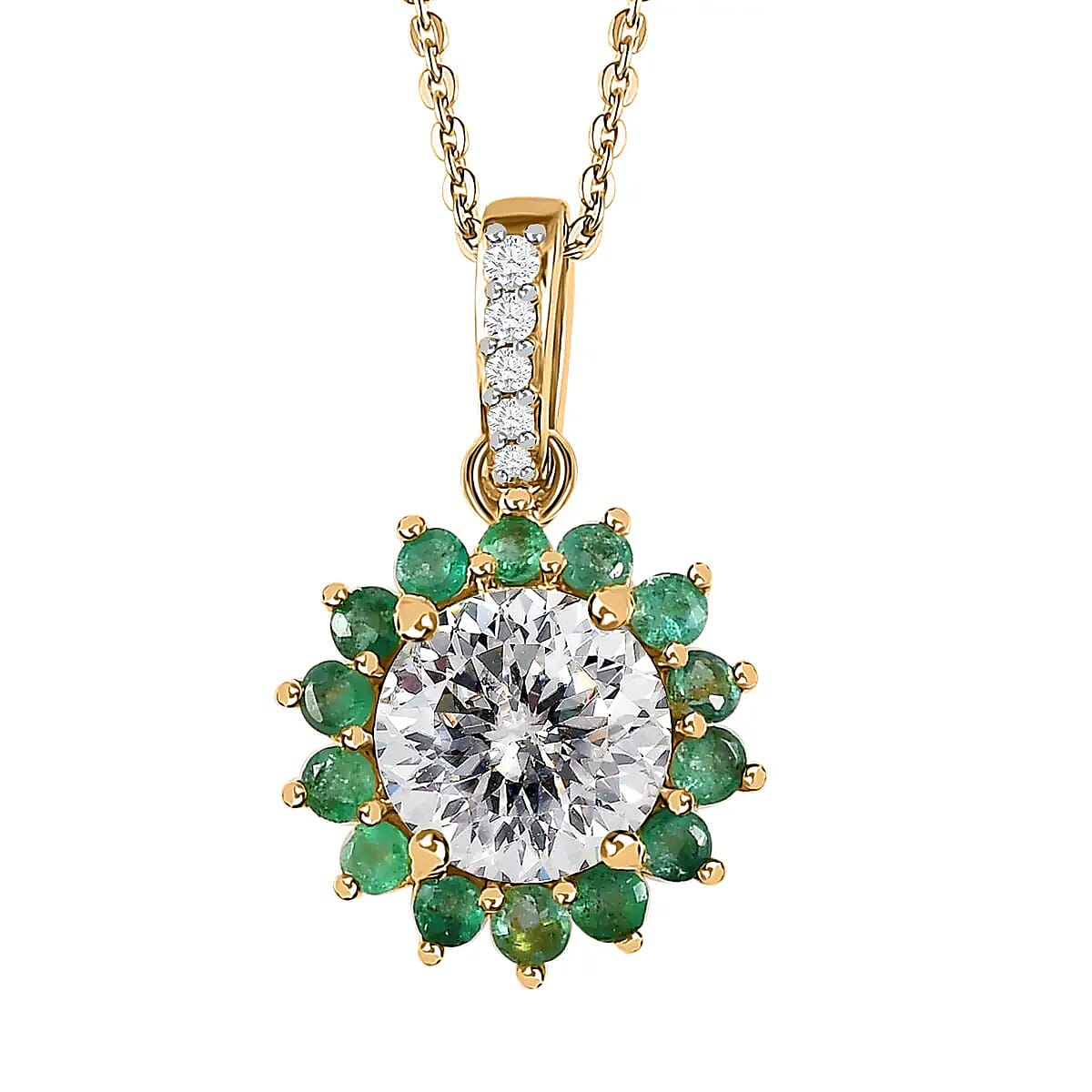 TLV 120 Facets Moissanite (Rnd 8mm), Kagem Zambian Emerald Floral Pendant Necklace (20 Inches) in Vermeil YG Over Sterling Silver 2.50 ctw