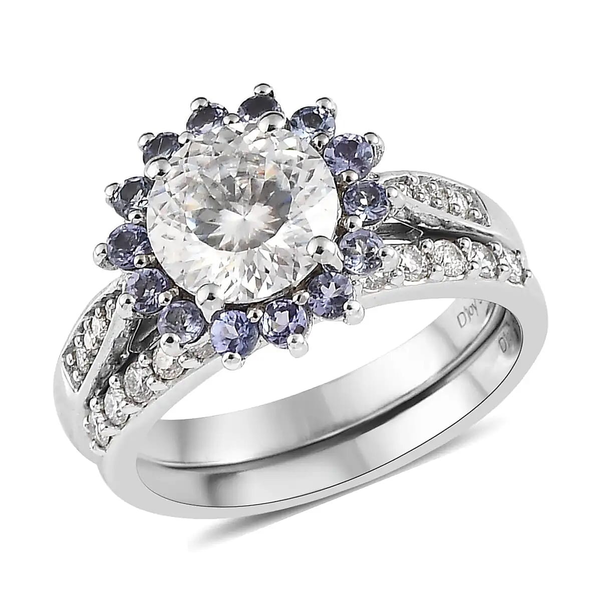 TLV 120 Facets Moissanite (Rnd 8mm), Tanzanite Set of 2 Ring in Platinum Over Sterling Silver (Size 7.0) 2.75 ctw