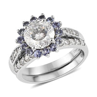 TLV 120 Facets Moissanite (Rnd 8mm), Tanzanite Set of 2 Ring in Platinum Over Sterling Silver (Size 7.0) 2.75 ctw