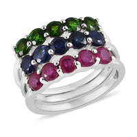 TLV Chrome Diopside, Masoala Sapphire (FF), Niassa Ruby (FF) Set of 3 Ring in Platinum Over Sterling Silver (Size 7.0) 3.65 Carat Total Weight