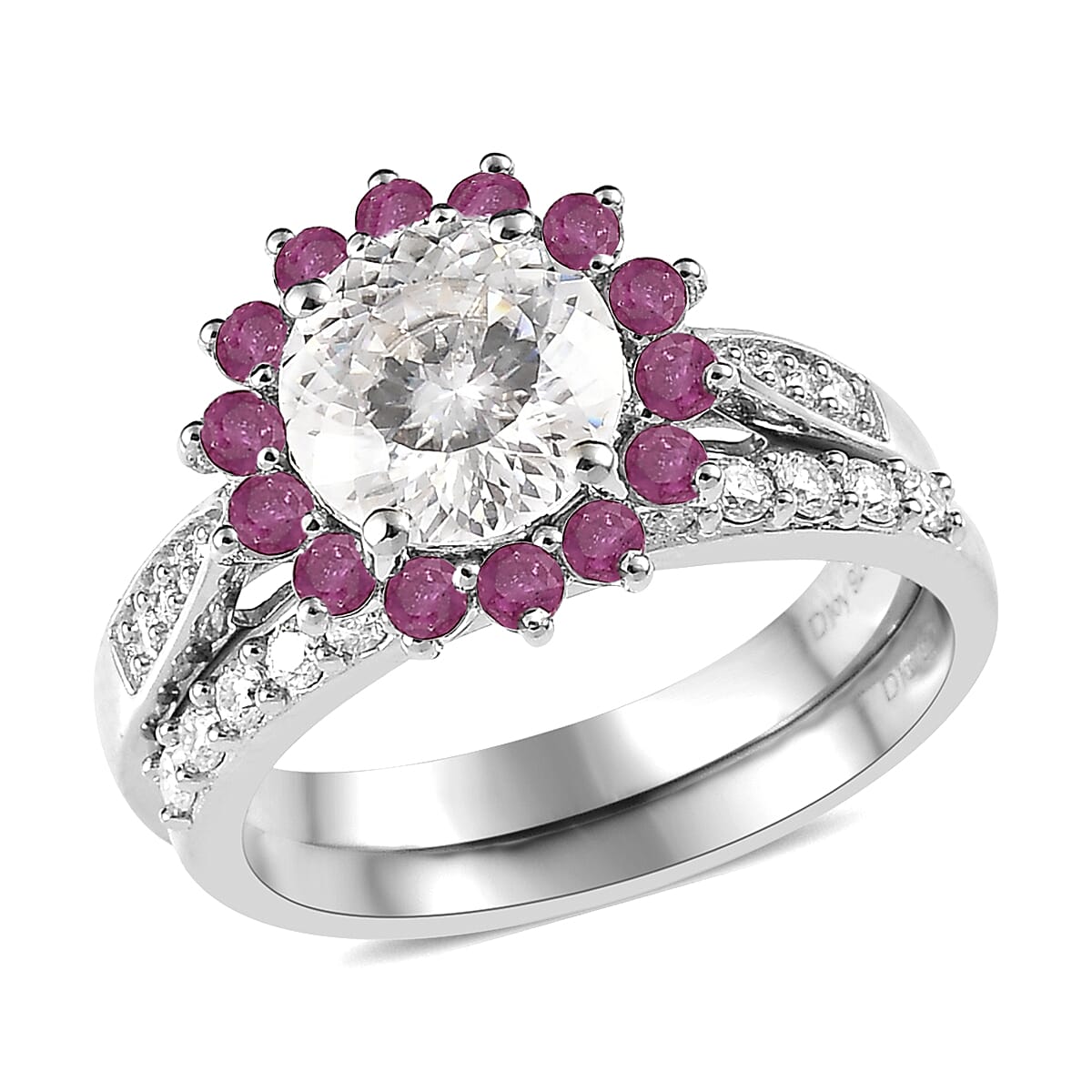 TLV 120 Facets Moissanite (Rnd 8mm), Niassa Ruby (FF) Set of 2 Ring in Platinum Over Sterling Silver (Size 7.0) 3.10 ctw