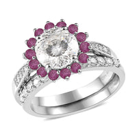 TLV 120 Facets Moissanite (Rnd 8mm), Niassa Ruby (FF) Set of 2 Ring in Platinum Over Sterling Silver (Size 7.0) 3.10 ctw