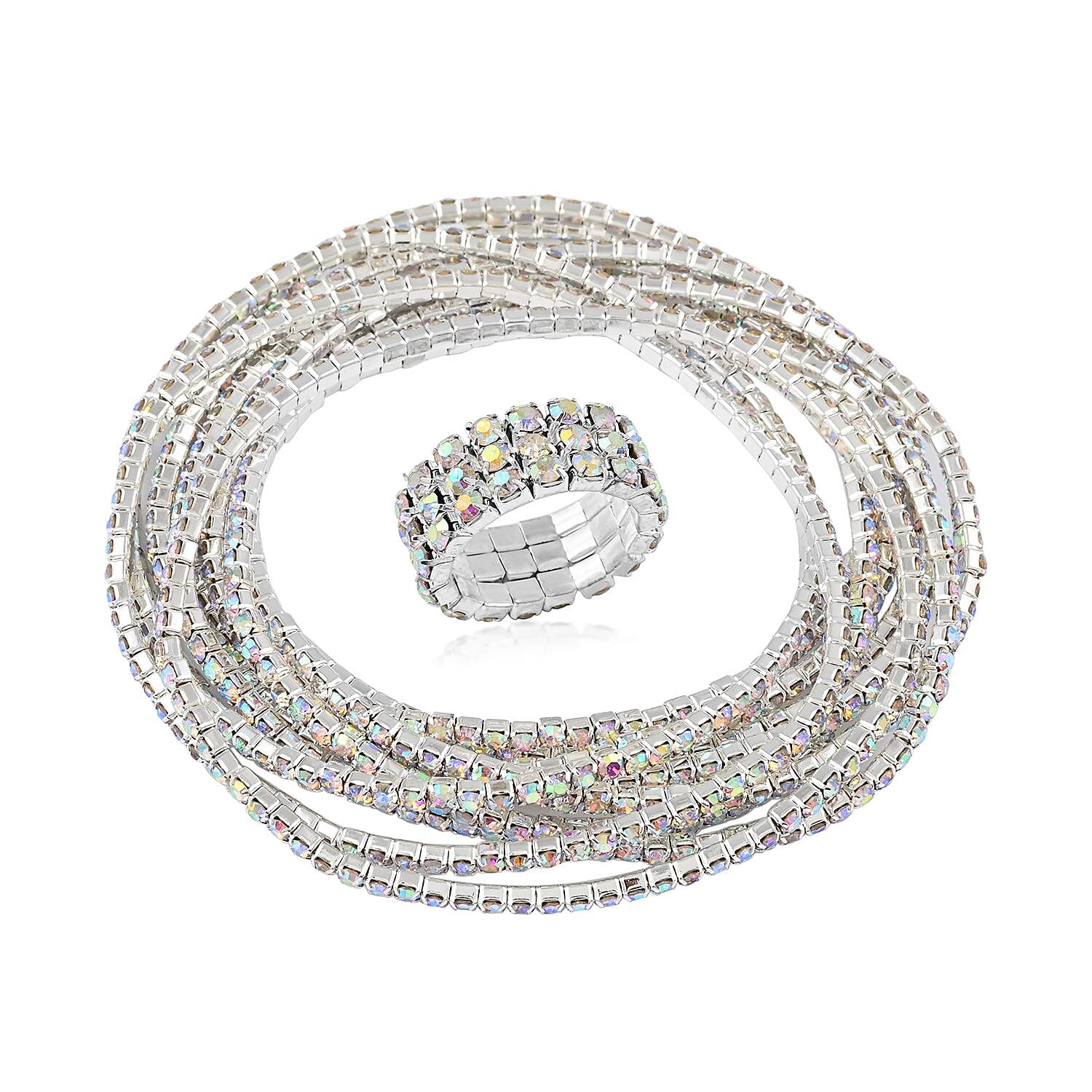 Austrian Crystal Set of 10 Bracelet (7.00 In) and Ring in Silvertone