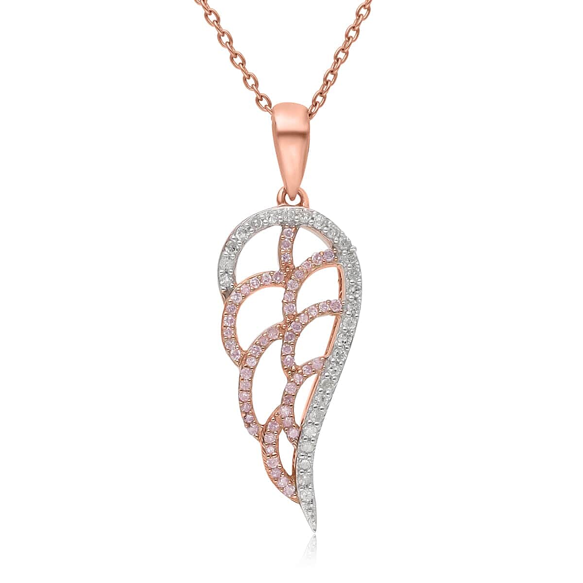 Natural Pink and White Diamond I3 Angel Wing Pendant Necklace 18 Inches in Vermeil Rose Gold Over Sterling Silver 0.25 ctw