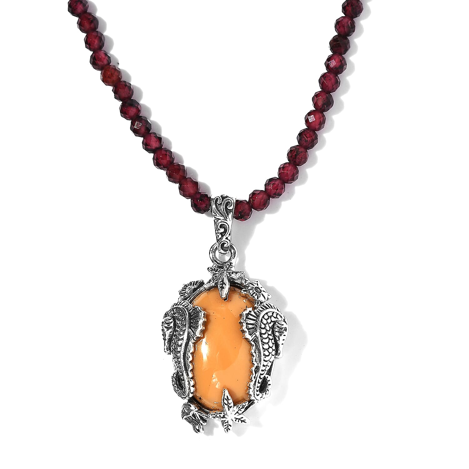 Artisan Crafted Oregon Caramel Opal Pendant with Mozambique Garnet Beaded Necklace 20 Inches in Platinum Over Sterling Silver 108.00 ctw