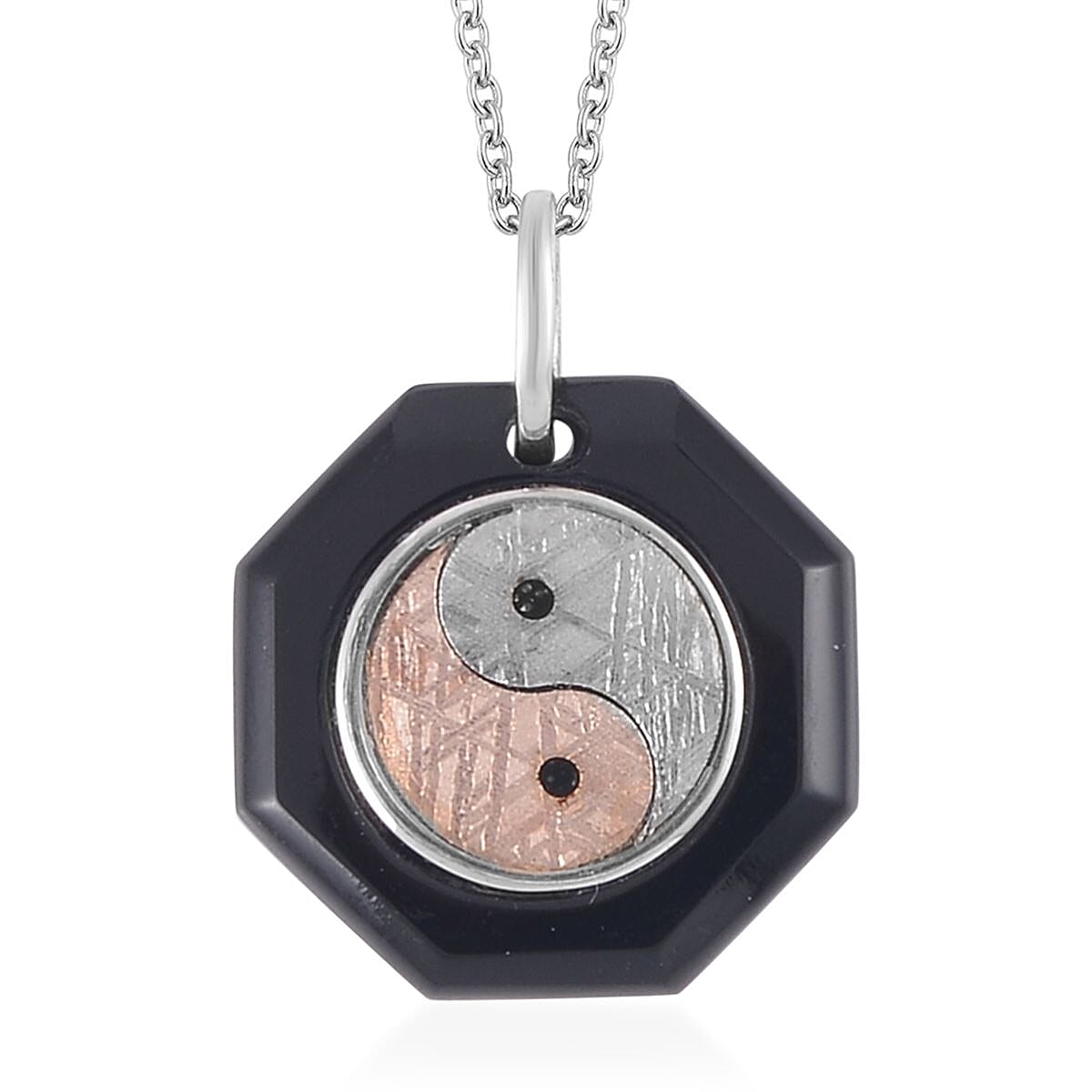 Marvelous Meteorite and Black Agate Yin and Yang Octagon Pendant in Sterling Silver with Stainless Steel Necklace 20 Inches 28.00 ctw