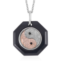 Marvelous Meteorite and Black Agate Yin and Yang Octagon Pendant in Sterling Silver with Stainless Steel Necklace 20 Inches 28.00 ctw