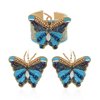 Set of 2 Multi Color Seed Beaded Butterfly Cuff Bracelet and Earrings in Goldtone