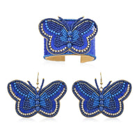 Set of 2 Multi Color Seed Beaded Butterfly Cuff Bracelet and Earrings in Goldtone