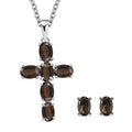 Brazilian Smoky Quartz Stud Earrings and Cross Pendant Necklace 20 Inches in Stainless Steel 3.75 ctw - Sticky add to cart bar