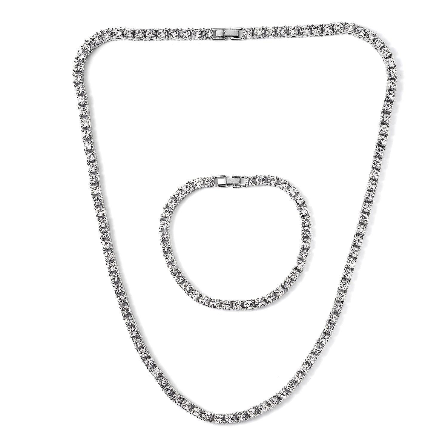 TLV Austrian Crystal Tennis Necklace (20 Inches) and Bracelet (6.50In) in Silvertone