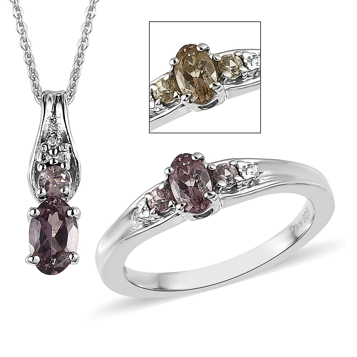 Bekily Color Change Garnet, White Zircon Ring (Size 5.0) and Pendant Necklace (20 Inches) in Platinum Over Sterling Silver 0.75 ctw