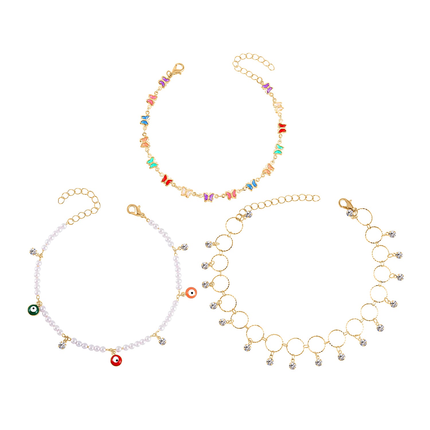 Simulated Pearl, Resin and Austrian Crystal Set of 3 Flower, Beaded, Evil Eye & Butterfly Anklet in Goldtone