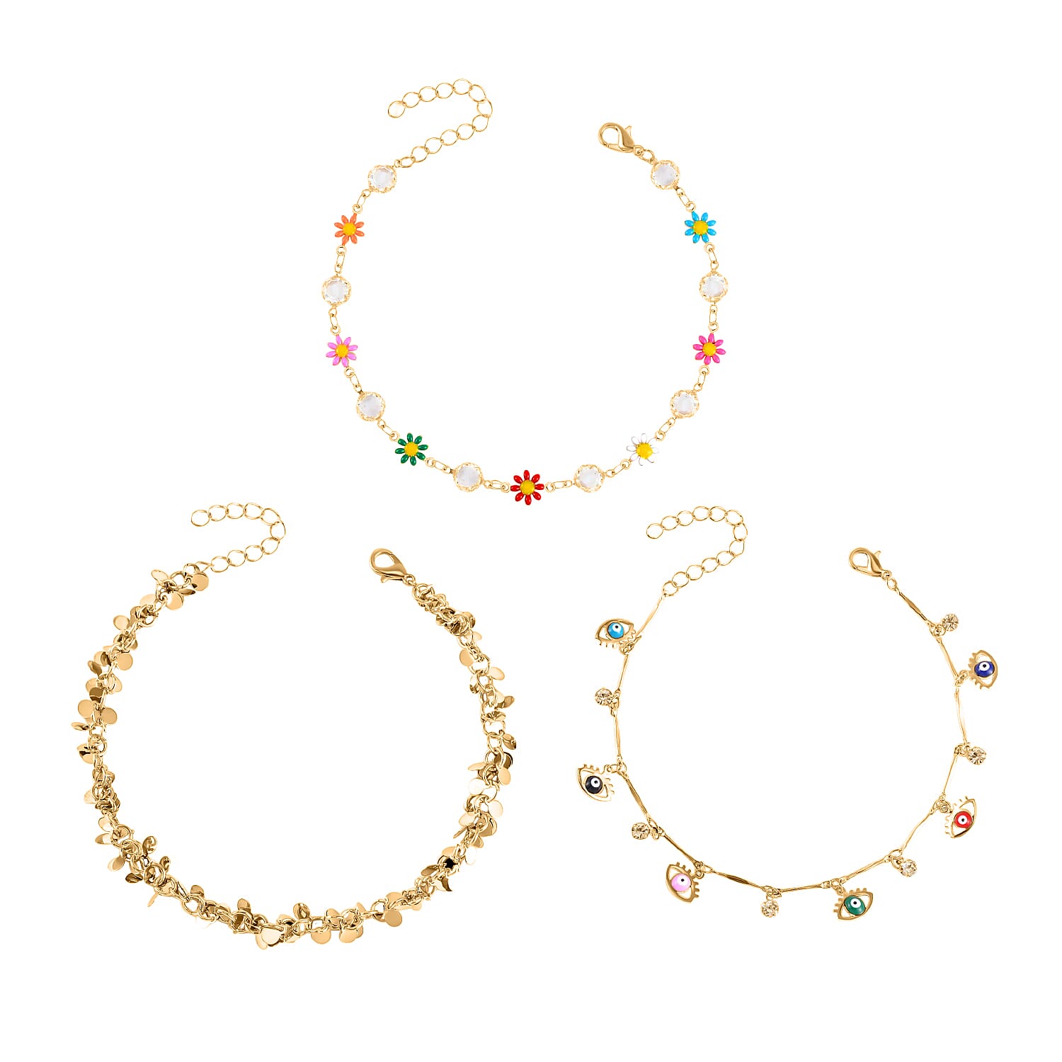 Simulated Pearl, Resin and Austrian Crystal Set of 3 Flower, Beaded, Evil Eye & Butterfly Anklet in Goldtone