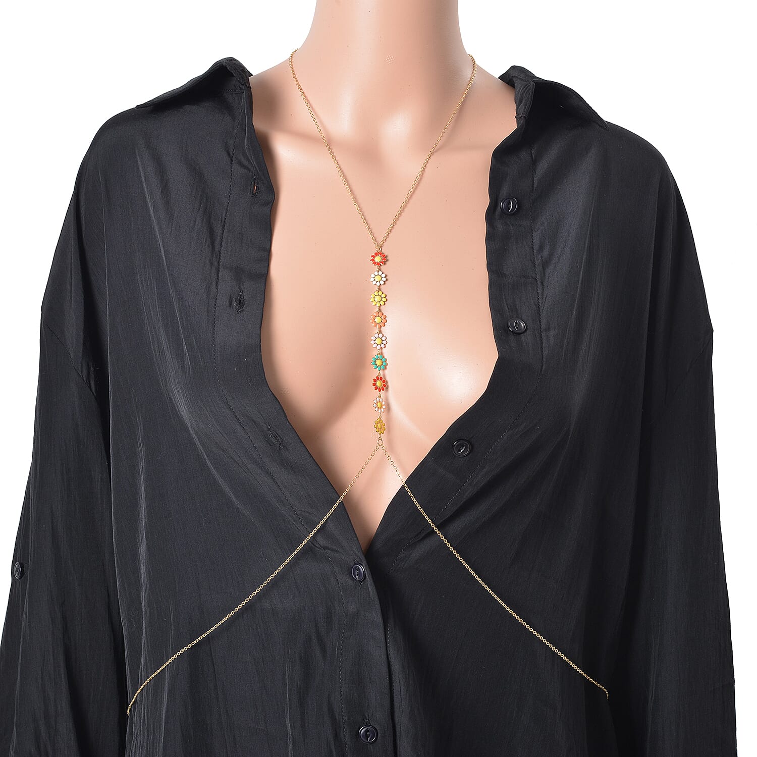 Austrian Crystal and Simulated Pearl Enameled Set of 2 Body Chain (Neck 20-22In & Waist 45-47In) in Goldtone